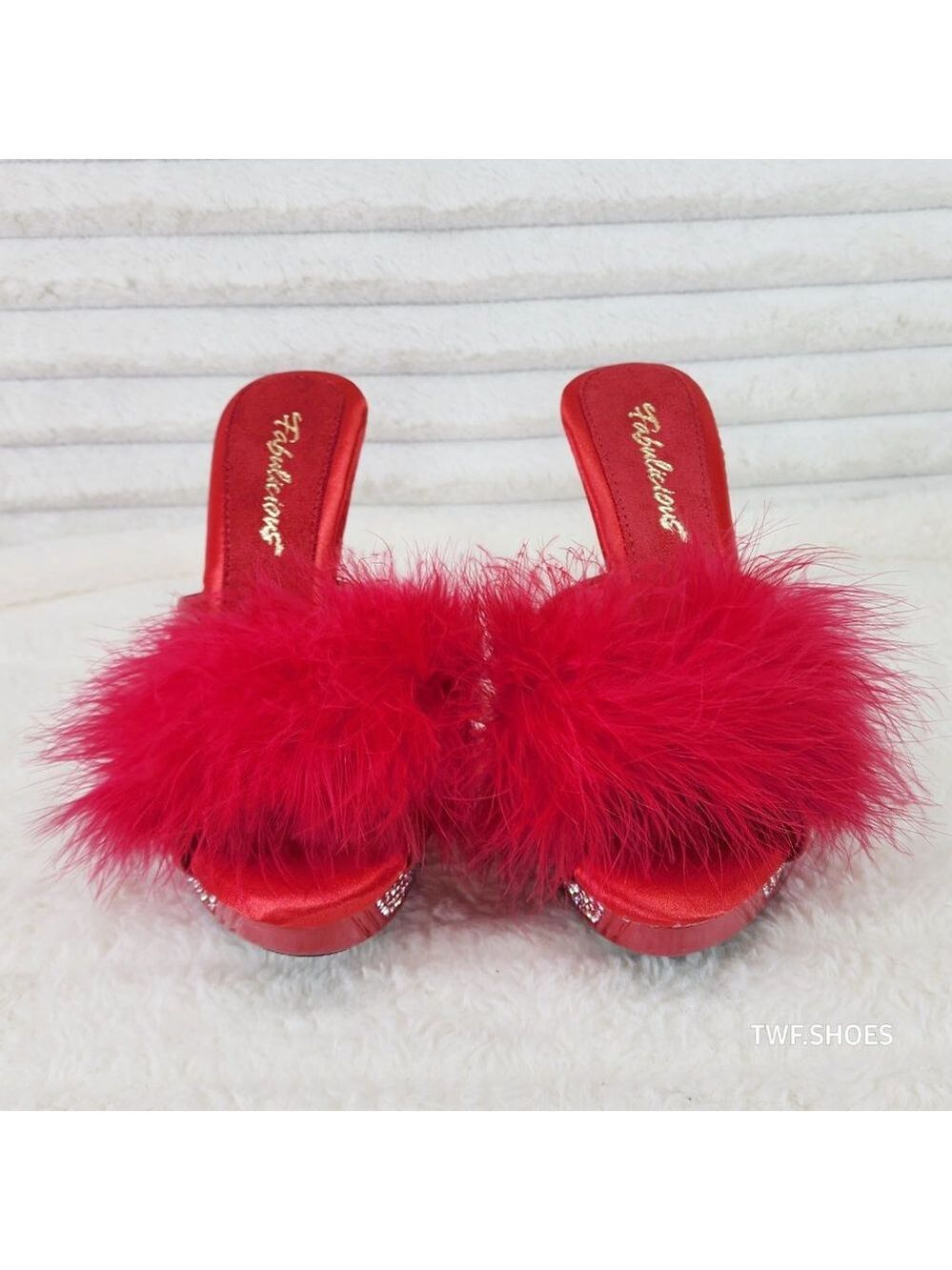 Your Majesty Red Marabou Feather Rhinestone Platform Slip On Slides